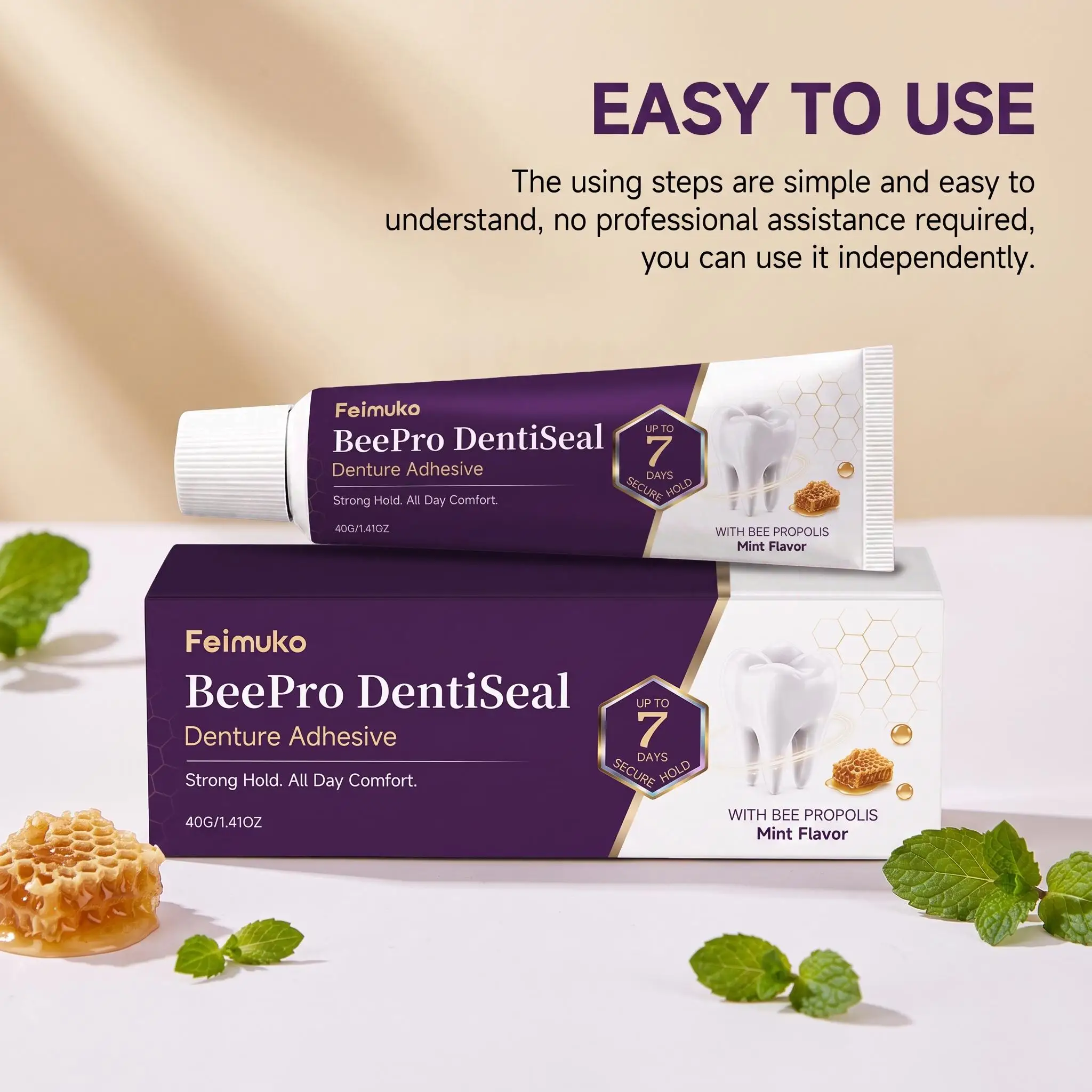 Feimuko Propolis Denture Adhesive Gentle Comfort Firm Hold Natural Aesthetics Enhanced Denture Fit Seamless Adhesion Daily Care