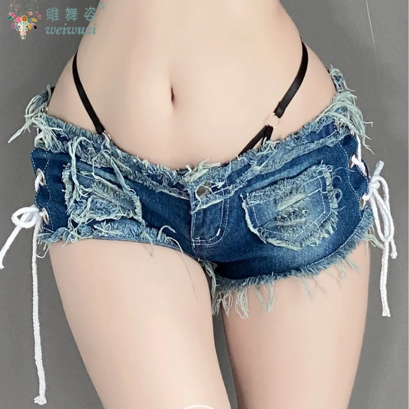 

Women's Sexy Denim Shorts Low Rise Ripped Denim Open Crotch Hole Denim Shorts Jeans Nightclub DJ Pole Dance DS Flirting Uniform