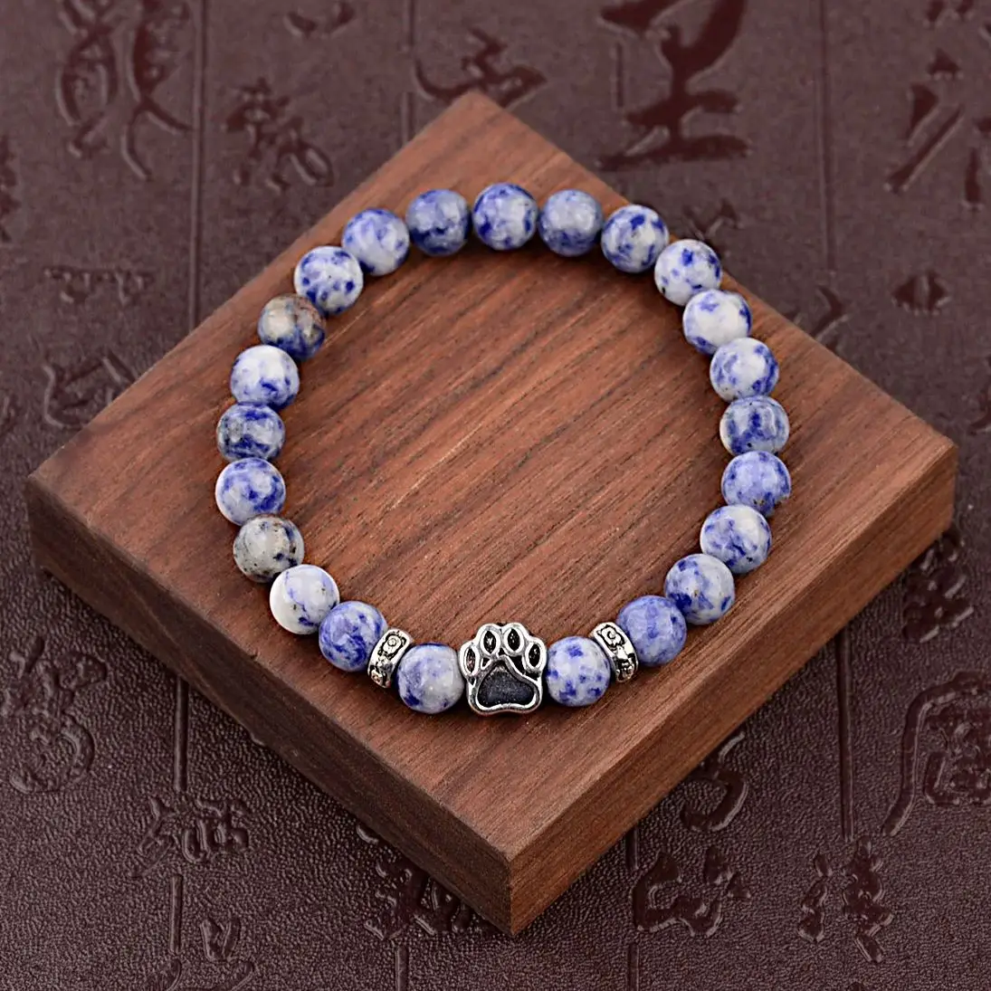 Dog Paw Print Lava Stone Beaded Bracelet Women Men 8mm Natural White Turquoises Quartz Elastic Bracelets Pet Lover Jewelry Gift