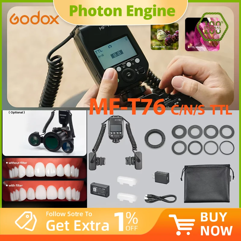 

Godox MF-T76 S/C/N TTL Macro Twin Flash Dual Head Speedlite HSS 1.2s Recycle Godox X System for Canon Nikon Sony