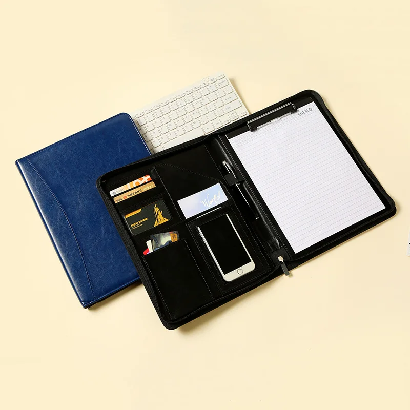 Multifunctional A4 Zipper File Folder, PU Leather Business Document Organizer with Strong Clip Board, Card Slots and Pen Loop