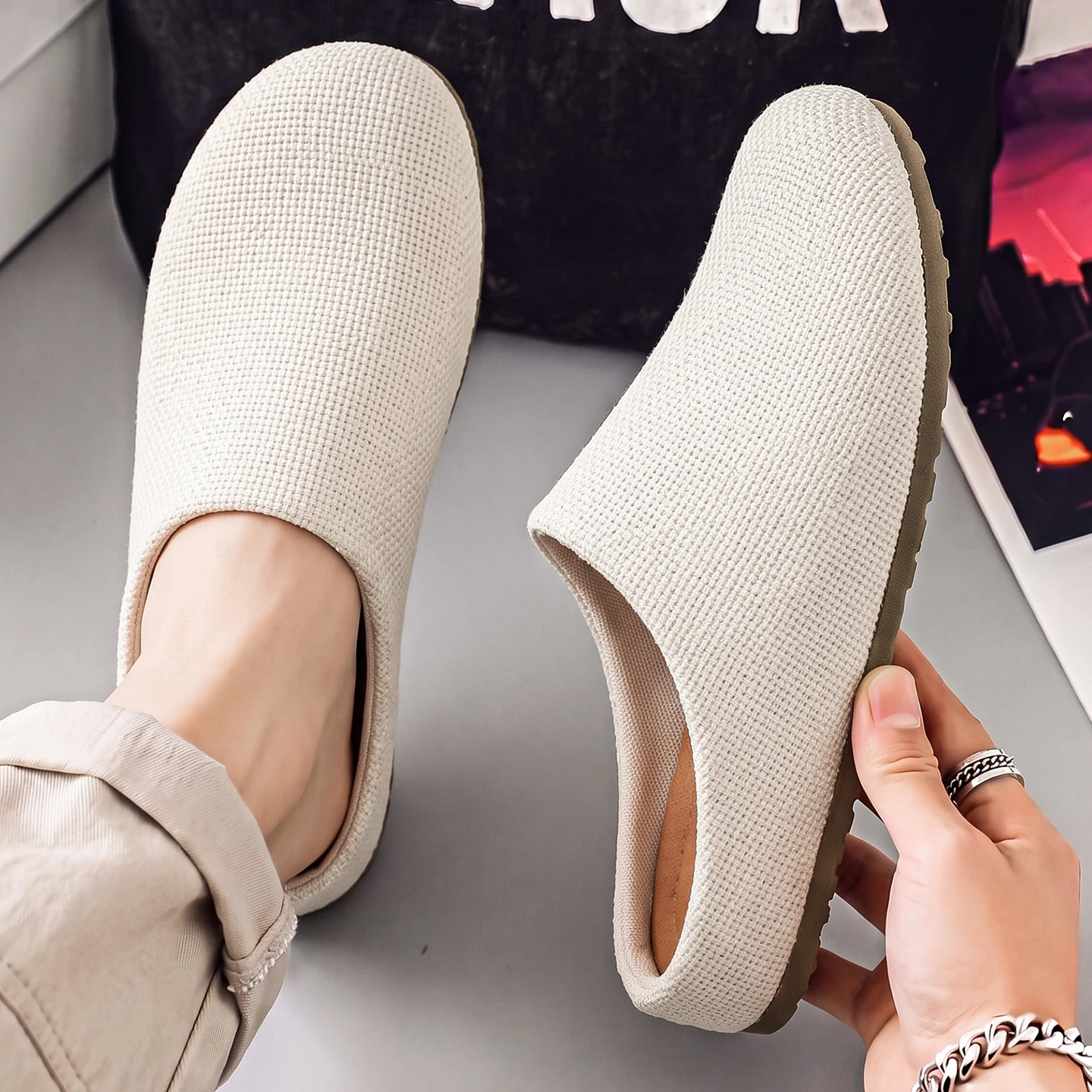Men's Mule Slippers Backless Soft Sole Slip On Shoes, Anti Slip Outdoor Casual Shoes for Driving Work，Linen Half Slippers