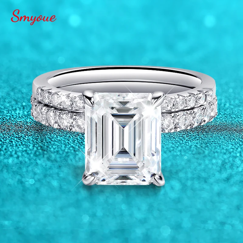 Smyoue 4.8CTTW Emerald Cut Full Moissanite Engagement Ring for Women Set Luxury 925 Sterling Silver Wedding Lab Diamond Band GRA