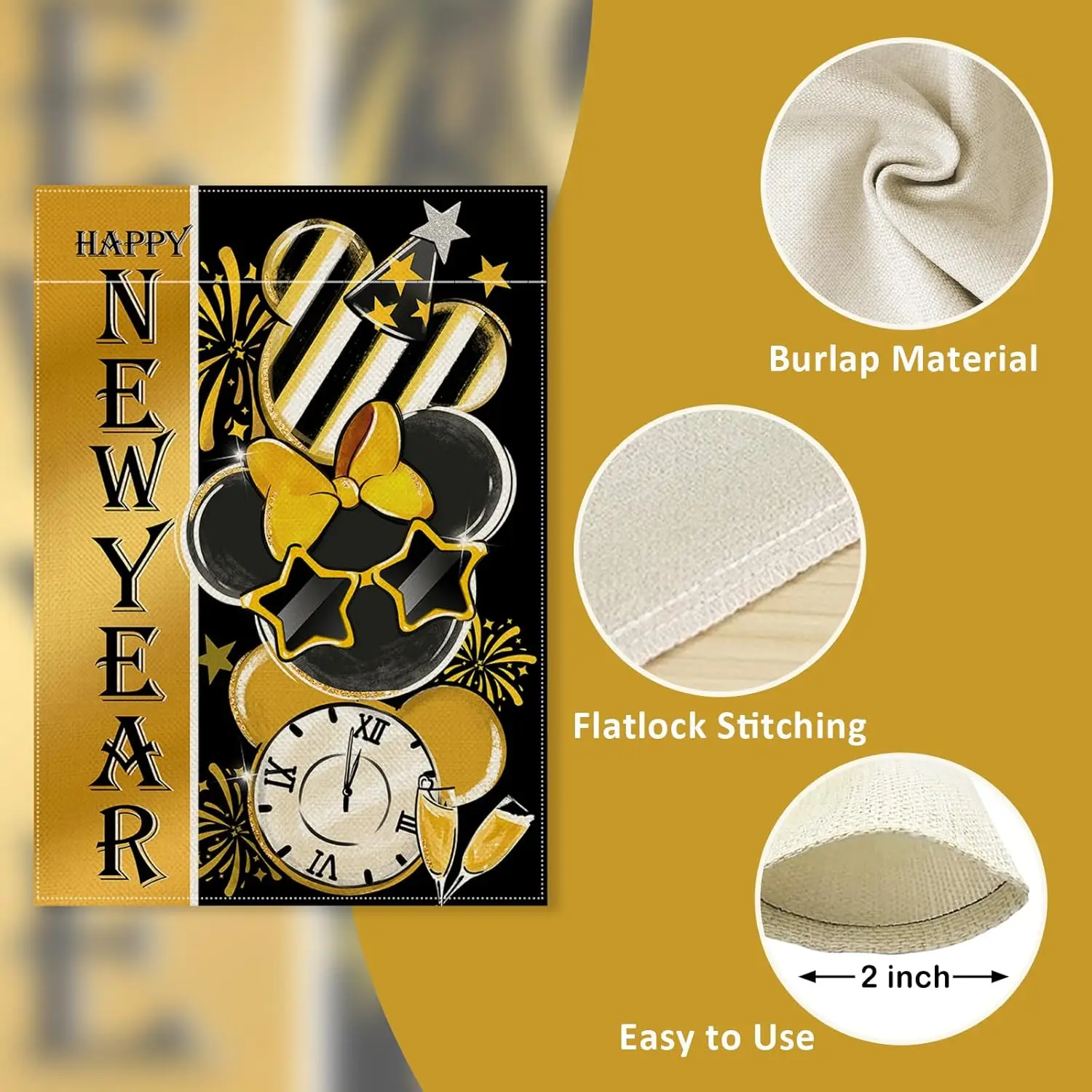 سنة جديدة سعيدة 2026 علم الحديقة المزخرف، ساعة ذهبية سوداء الشمبانيا الألعاب النارية ساحة الزينة الخارجية، عيد الميلاد الذهبي W IIE