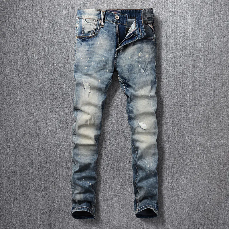 

Fashion Designer Men Jeans Retro Washed Blue Stretch Slim Fit Ripped Jeans Men Italian Style Vintage Denim Pants Hombre