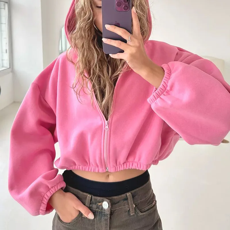 2024 New Casual Women's Solid Color Hoodie Long Sleeve Short Jacket Zipper Cardigan Sweater Winter Clothes Women