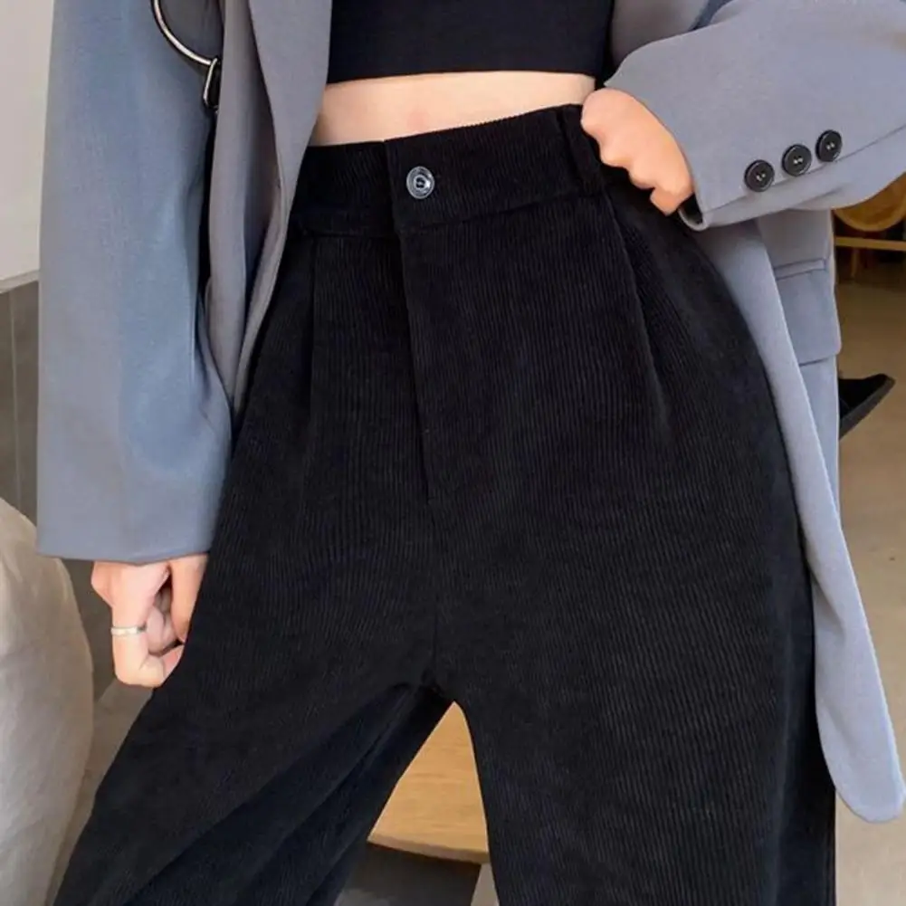 

Women Suit Pants Autumn Winter Solid Color Long Pants High Waist Straight Wide Leg Office Lady Pants Ribbed Women Loose Trousers