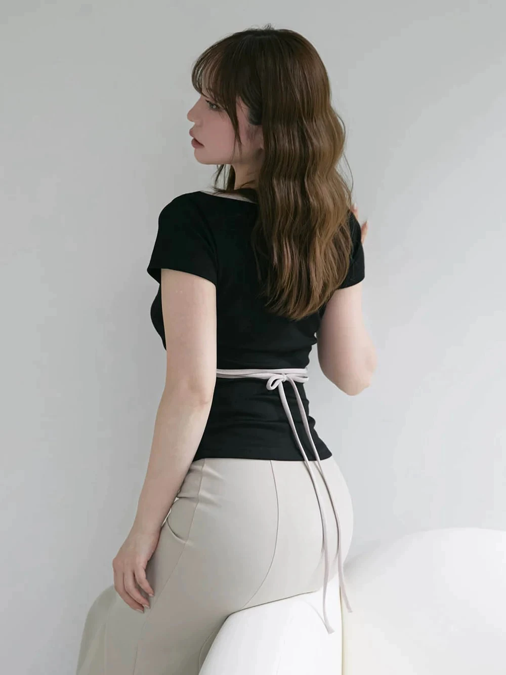 

2025SS Japanese sweet girlish strap waist thin short-sleeved T-shirt for Office Lady Junior