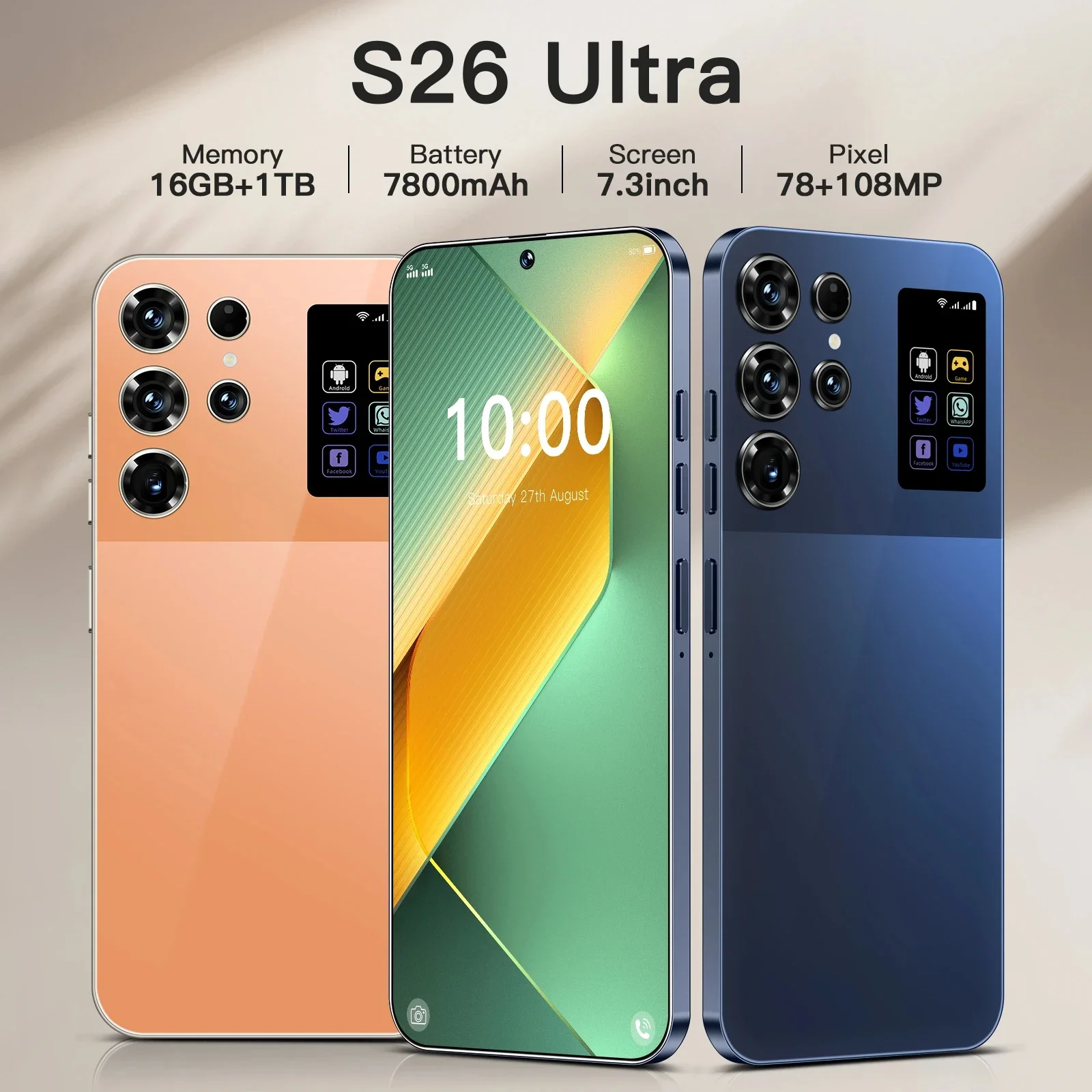 

Original S26 Ultra Global Version Smartphone Snapdragon8 Gen3 16G+1TB 7800mAh 78+108MP 4/5G Network Android Phone Unlocked