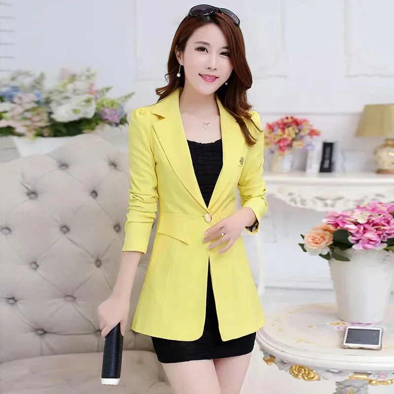 

Spring Autumn Women Blazer Jacket Solid Single Button Mid Long Suit Slim Large Size Ladies Business Office Blazer Coat E9512