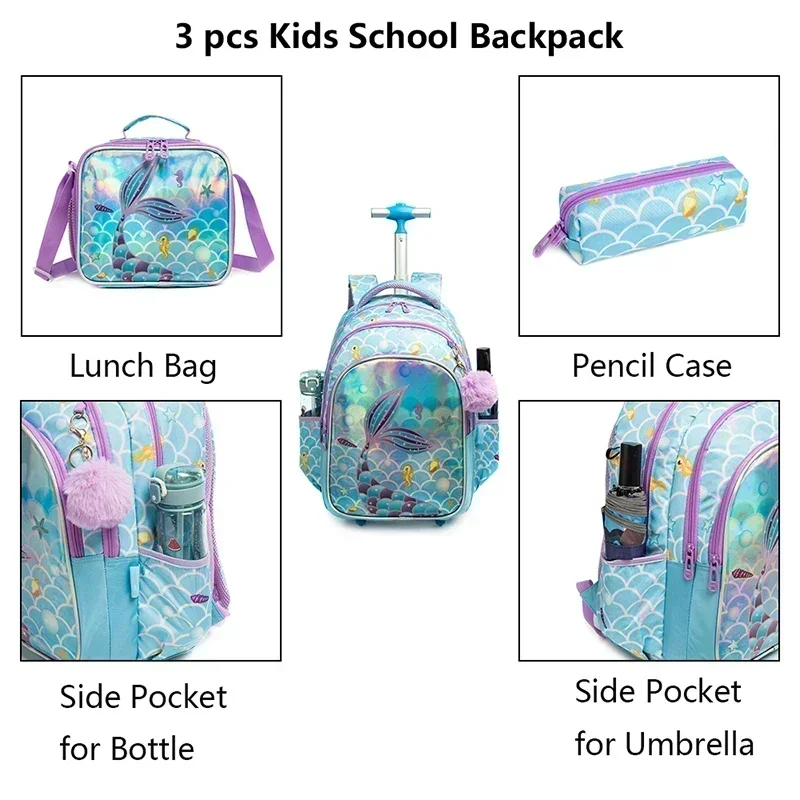 Ensemble de sac à dos à roulettes pour enfants, cartable à roulettes pour enfants, sac à lunch isotherme, étui à crayons pour garçons et filles