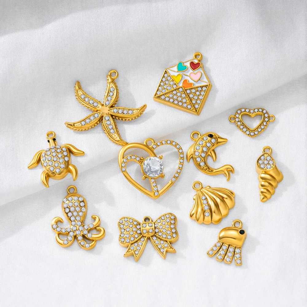 2 Stück Edelstahl-Strass-Schleifen-Herz-Anhänger, Meerestier-Anhänger für DIY-Halsketten, Armbänder, Schmuckherstellungszubehör – Detail 2
