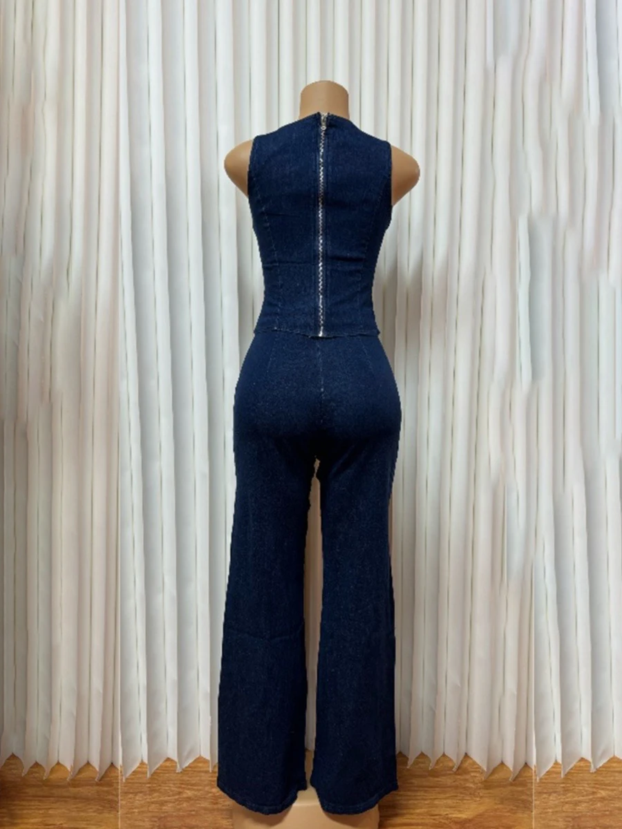 ZIMLsolid conjuntos de dos piezas para mujer, cuello redondo, sin mangas, túnica con botones empalmados, tops, pantalones largos de cintura alta, conjunto elegante a la moda femenina