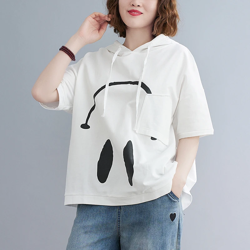 New Korean women\'s loose oversized artistic hooded drawstring printed short sleeved hoodie T-shirt for women  plus size