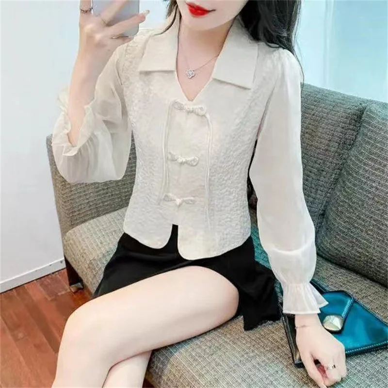 Chinese Style Chiffon Shirt Button Shirt Women\'s Long Sleeved Spring AutumnThin Waist Tightening And Slimming Top WhiteShirt