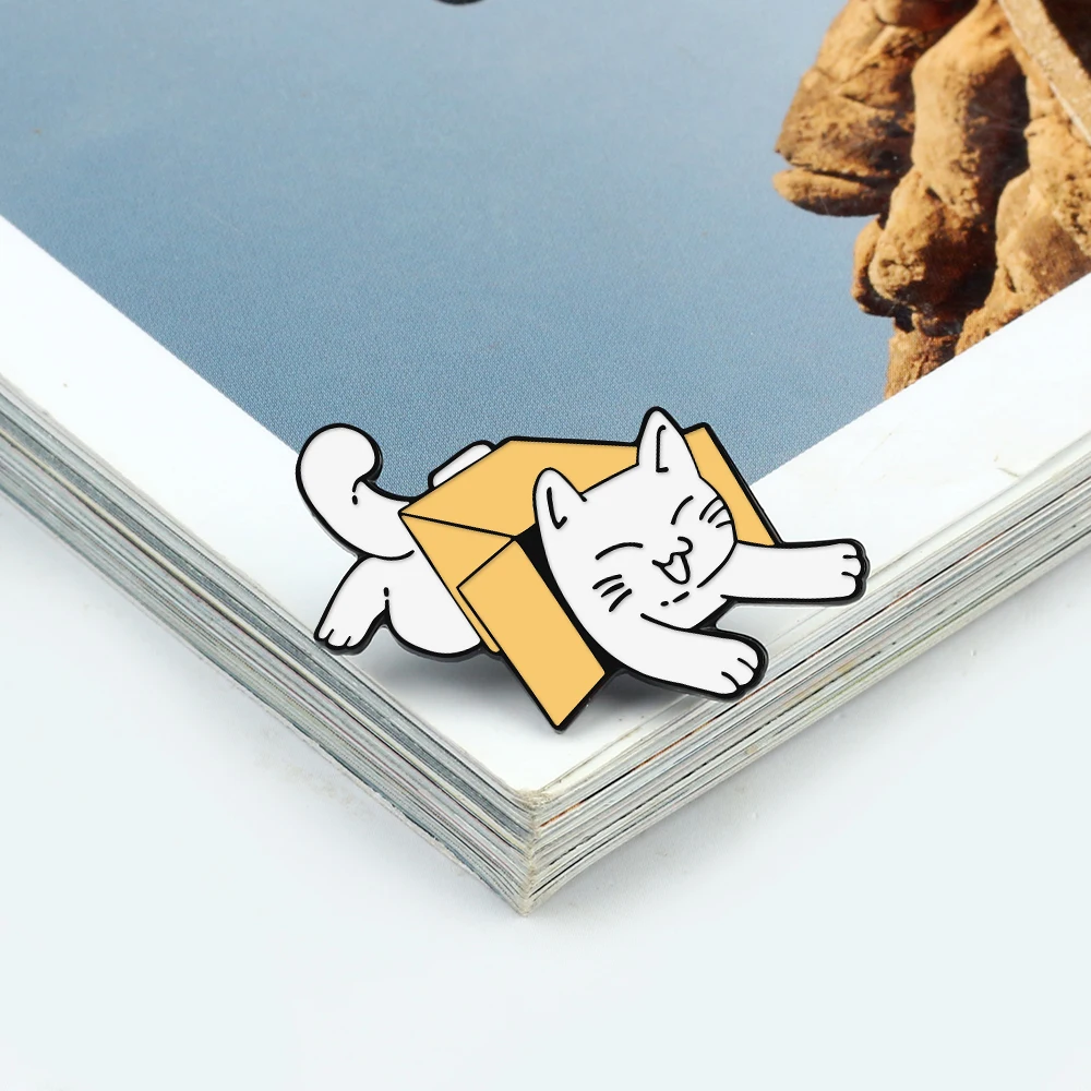 Naughty Cartoon Cat Brooch White kitten In Box Bag Enamel Pin Funny Animal Badge Jewelry Shirt Lapel Pins Gift for Kids Friends image 3