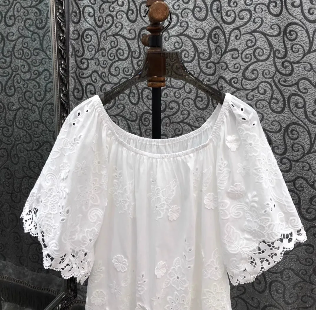 100% couverture en coton 2025 été mode blanc bleu Blouses dame Sexy Slash cou Crochet dentelle broderie à manches courtes hauts courts