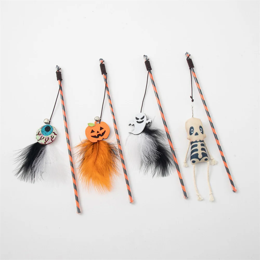 Juguetes de Halloween para gatos, varita Teaser para mascotas, campana de plumas fantasma de calabaza divertida, juguetes interactivos para