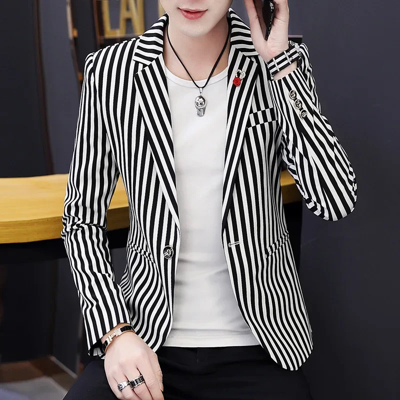 Mens Blazer Jacket 2022 New Suit Male Casual Korean Style Trendy Slim Striped Student Small Suit Jacket Hair Stylist Single Top