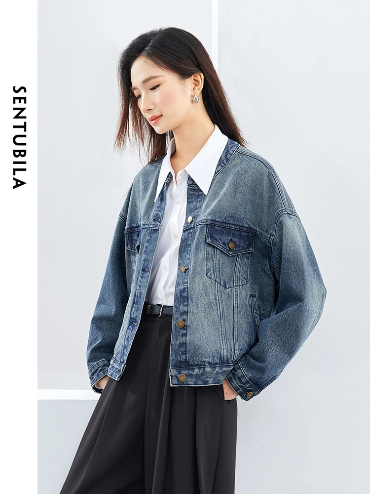 SENTUBILA Women's Short Denim Jacket 2025 Autumn Hip-hop Style Loose Round Neck Cotton 100% Cropped Jean Jacket W41W53220