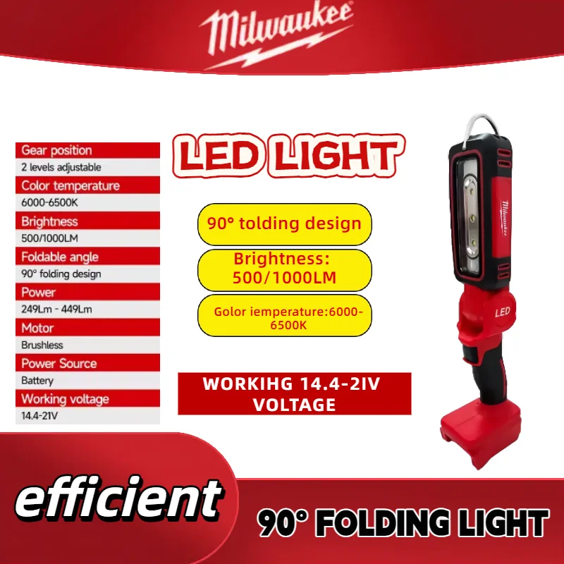 Milwaukee-luz LED de trabajo recargable para acampada, linterna superbrillante con gancho, modos de iluminación aptos para trabajo nocturno, inspección de automóviles