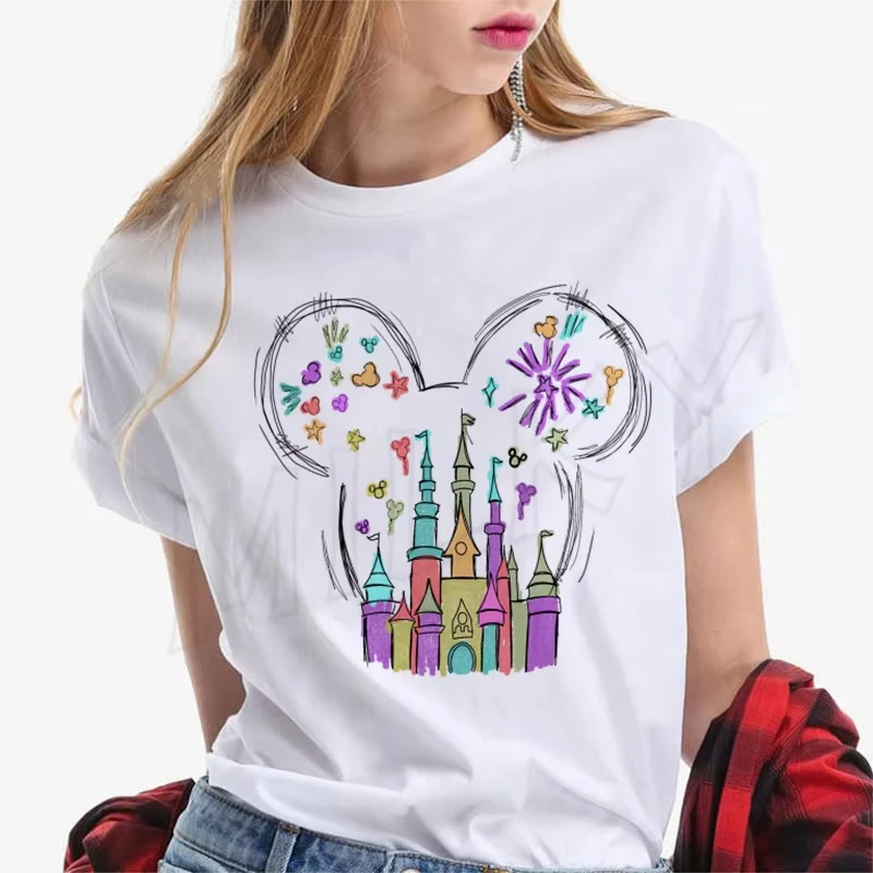 الجمالية ديزني القلعة تي شيرت خمر القلعة تي شيرت ماجيك المملكة تيز ميكي ماوس التي شيرت المرأة الأمريكية قصيرة الأكمام بلايز