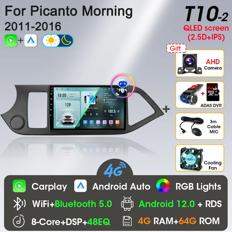 2 Din Android 12 Autoradio Carplay voor KIA PICANTO Ochtend 2 2011 2012 2013 2014 2015 2016 Multimedia Speler navigatie DVD Hoofd