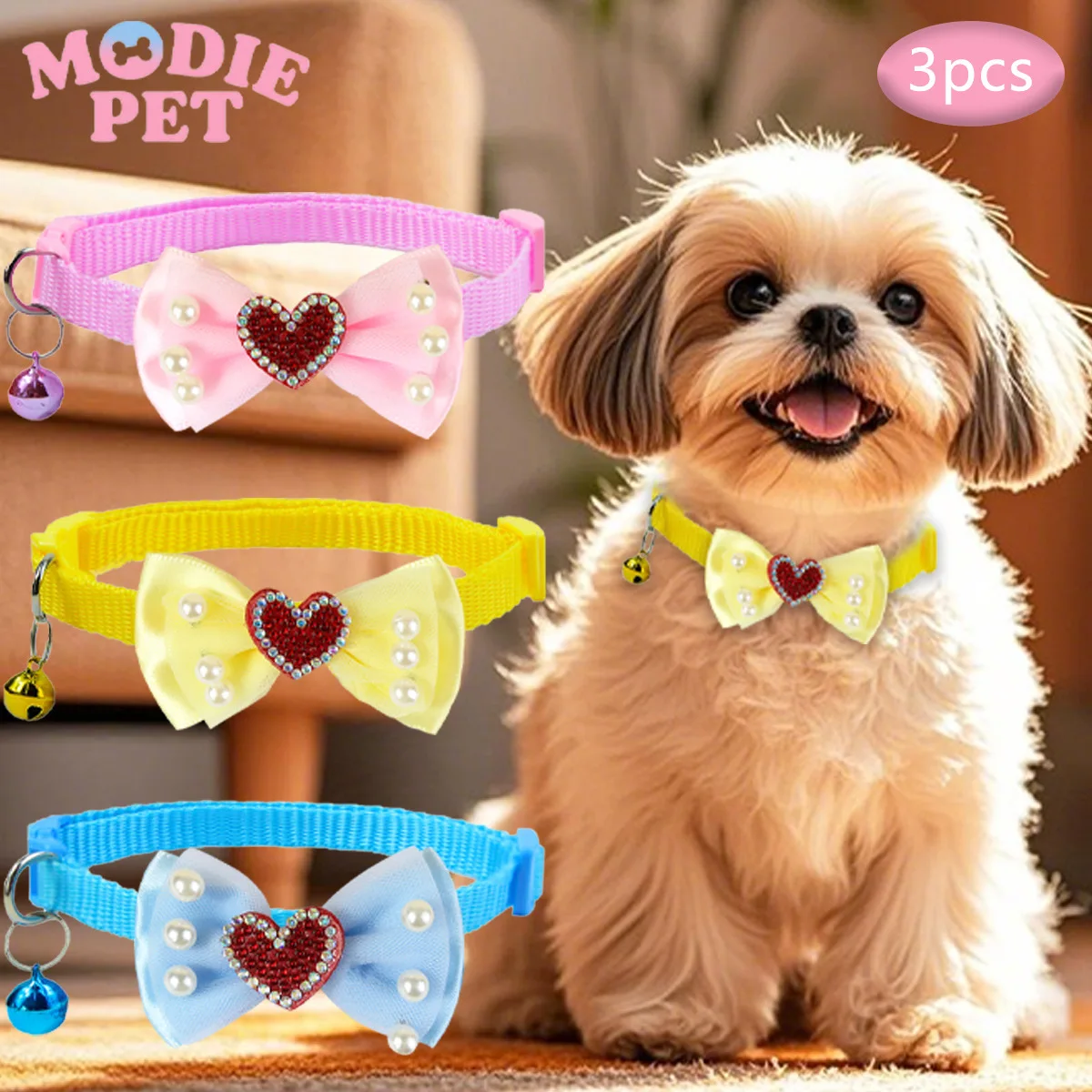 3pcs/set Adjustable Pet Bow Tie Collar With Bell Soft Cat Do