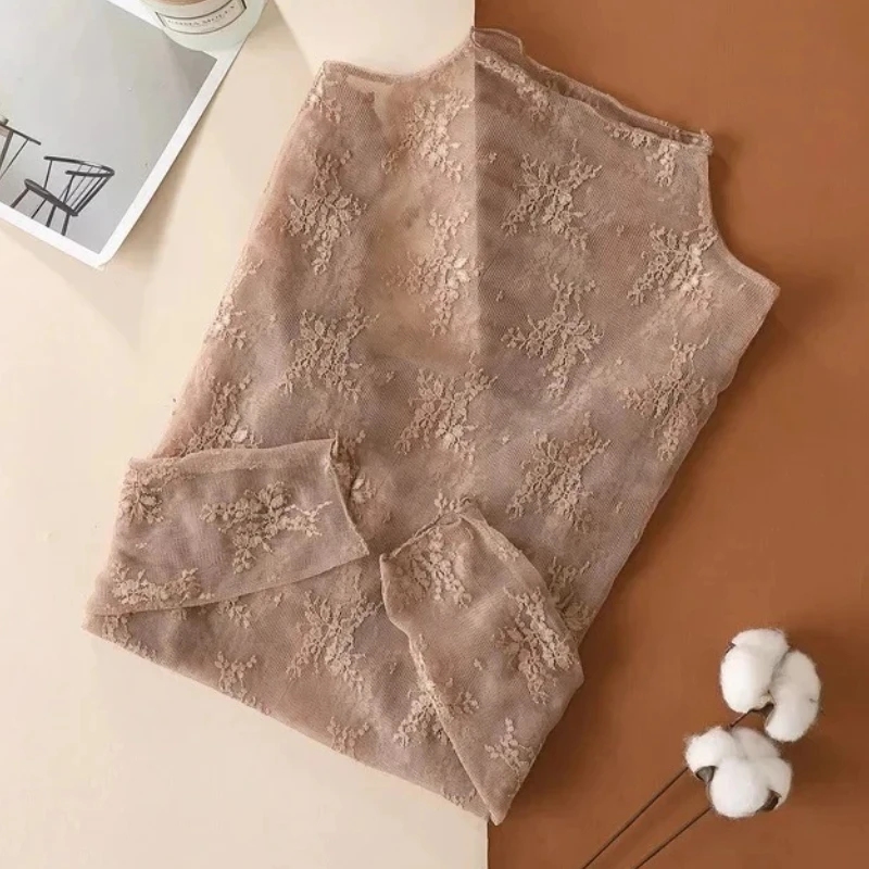Elegant Sexy Women's Long Sleeve Mesh T-Shirts Lace See through Blouse Versatile Sheer Body Crop Top for Girls