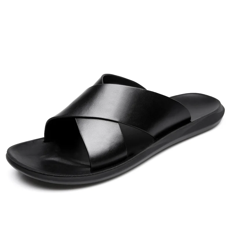 Leather Slippers For Men New Hotel Beach Summer Shoes High Quality Big Size  Slip On Light Flats Male Flip Flops 2023