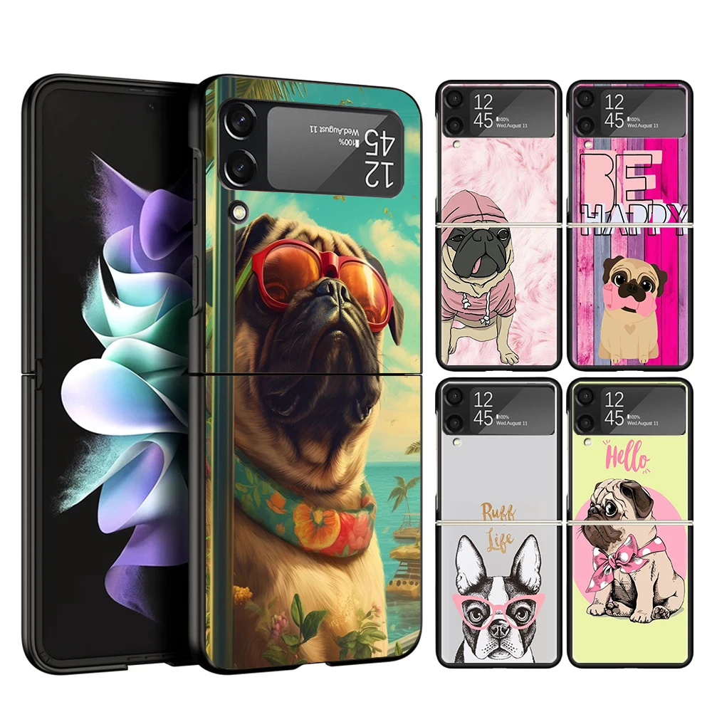 Capa de telefone preto rígido para Samsung Galaxy Z Flip, Love Pets, Cute Dog Case, Tendência, Amor, Pugs, 6, 5, 4, 3, 5G, ZFlip6, ZFlip5, ZFlip4, ZFlip3