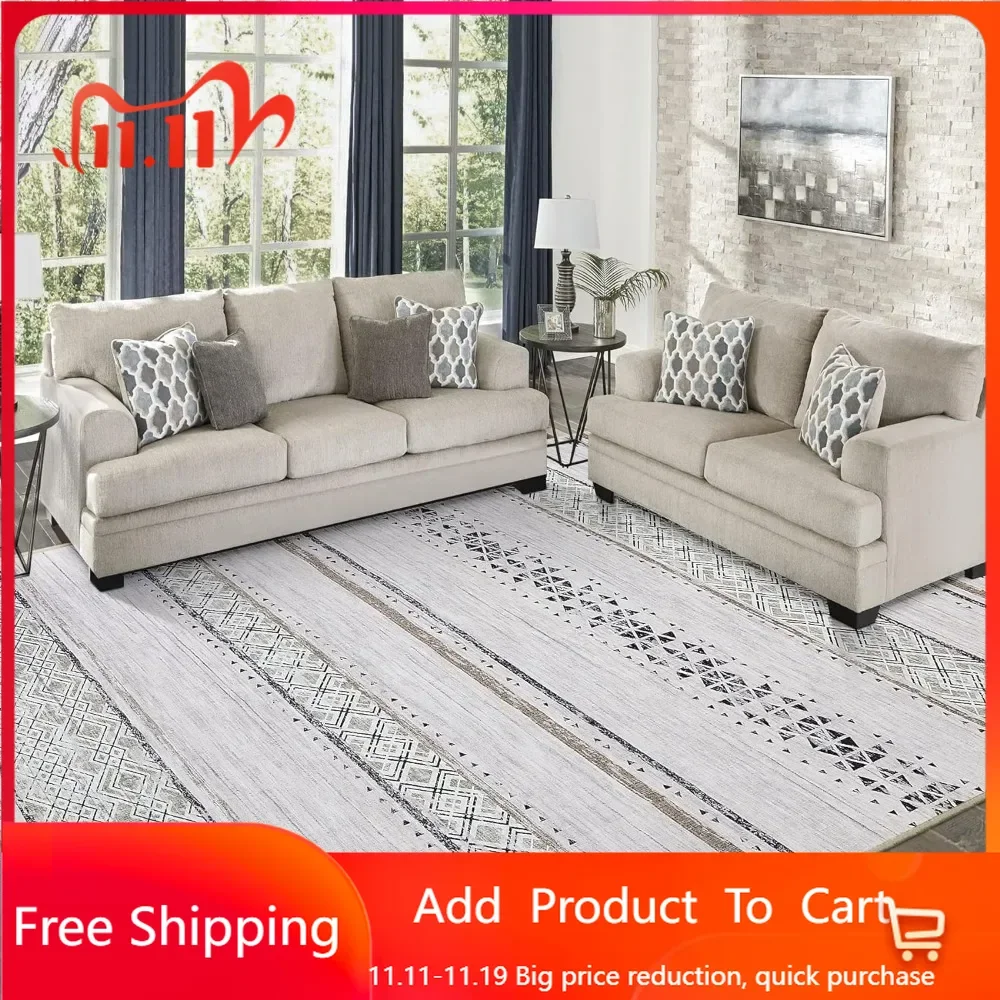 8x10 Area Rugs for Living Room Bedroom: Large Machine Washable Rug with Non-Slip ome Office - Brown/Ivory