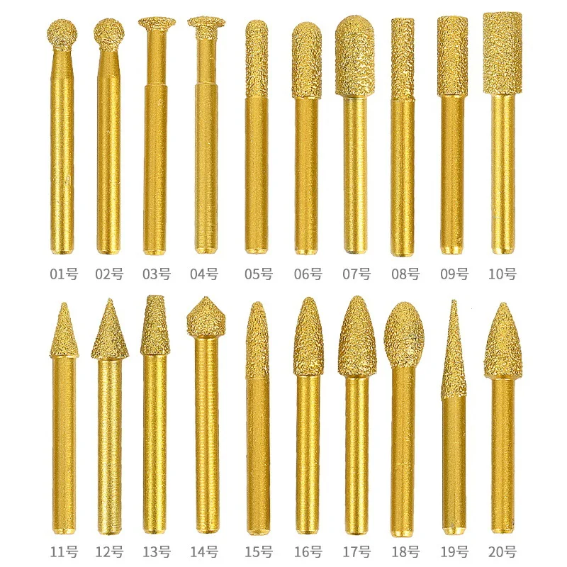 

Set 20pcs Brazed Diamond Grinding Head Cast Iron Alloy Grinding Rod Stone Jade Ceramic Engraving Milling Cutter Grinding Head