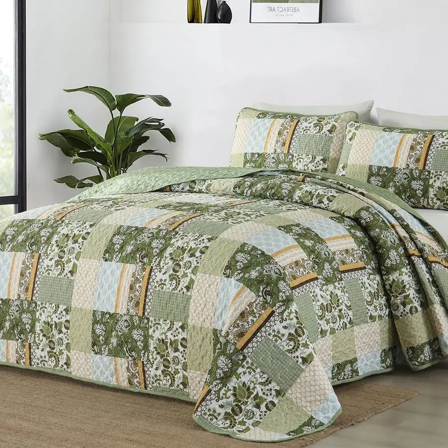 

Green Quilt Set King Size,Patchwork Plaid Printed Bedspread Coverlet Set,3 Pieces Summer Soft Microfiber Floral Bedding Set with