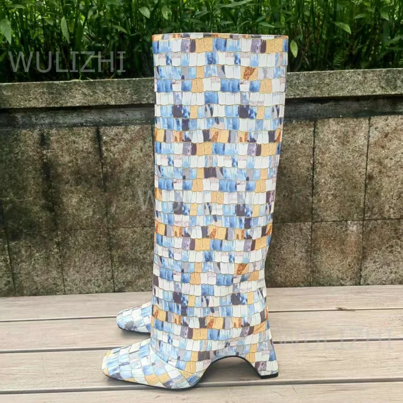 Colorful Checkered Patchwork Leather Knee-High Boots Women Cute Stylish Black Cool Square Toe Upright Booties Strange Heel Shoes