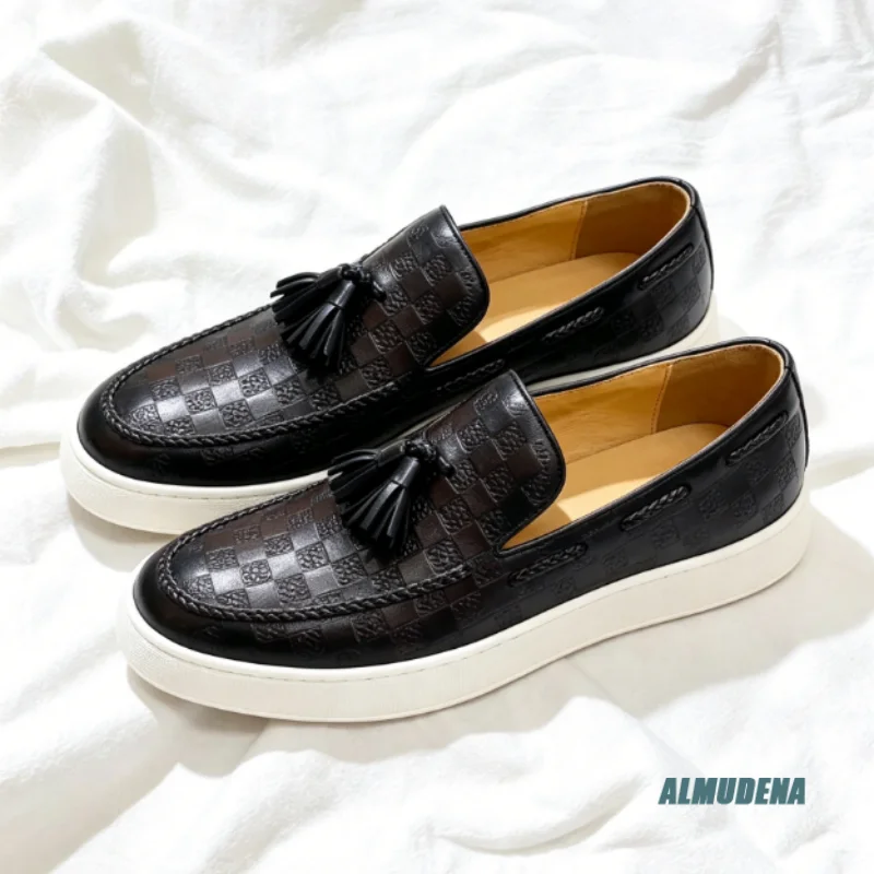 Street Style Low-Top Loafers Embossed Genuine Leather Tassel Slip On Thick White Sole Daily Versatile Casual Men's Board Shoes