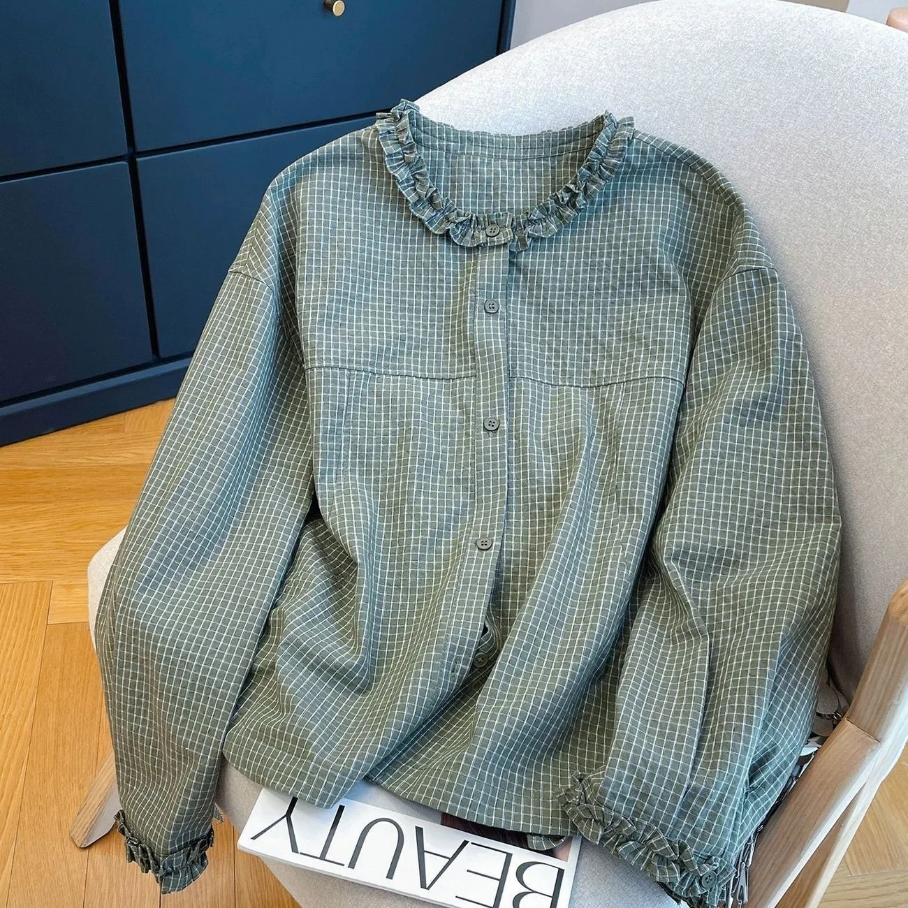 Retro Style Women's Long Sleeve Shirt Loose Fit round Neck Plaid Top Breathable Comfortable Polyester Spring Autumn Fashion