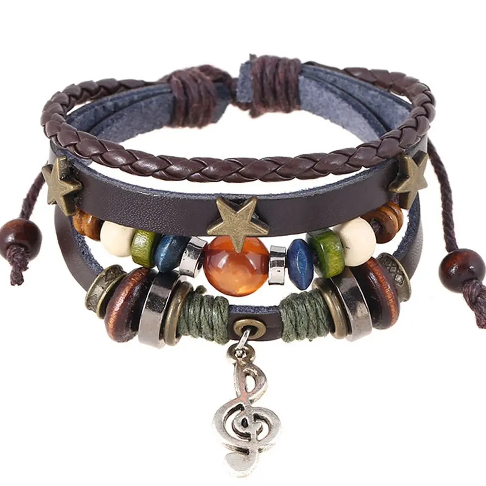 Handmade Boho Gypsy Hippie Design Brown Leather Star Metal Charms Wood Button Beads Wrap Unisex Adjustable Bracelet