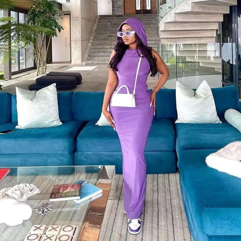 Summer Women's Pure Color Hoodie Svel Bodycon Dr Split Bal Knitted Polyester Thiened mid Waist Gown