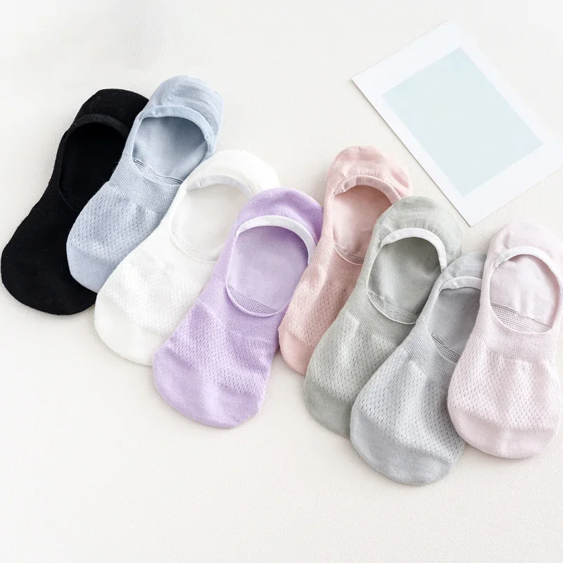 5 Pairs Women Invisible Socks Slippers Summer Silicone Non-slip Mesh Breathable Boat Sock Low Cotton No-show Thin Female Socks