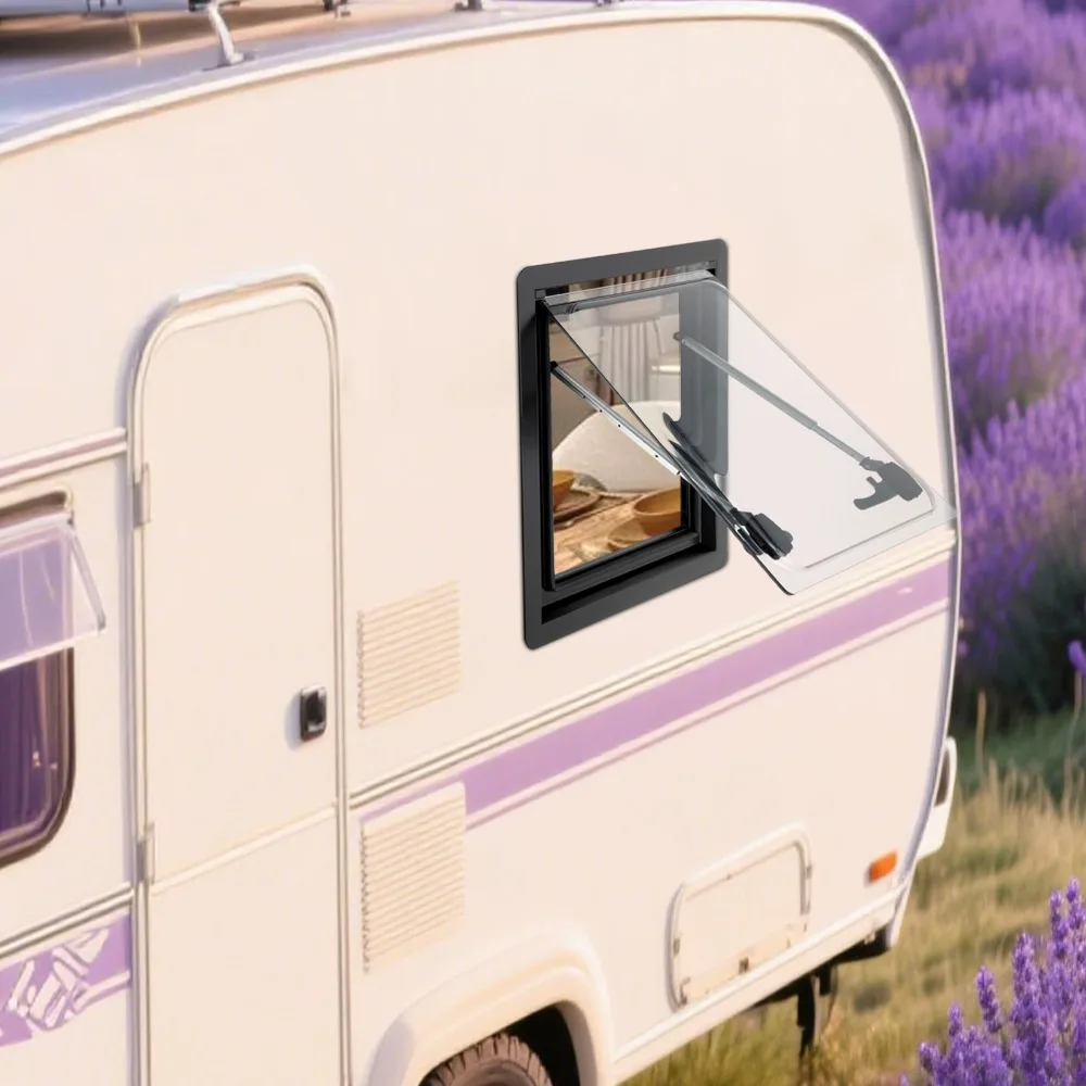 Fenêtre de ventilation RV extraplatée 450x500MM - Cadre en alliage d'aluminium et ABS, 70 °   Max Open&3 Gears, Pare-soleil/moustiquaire intégrés