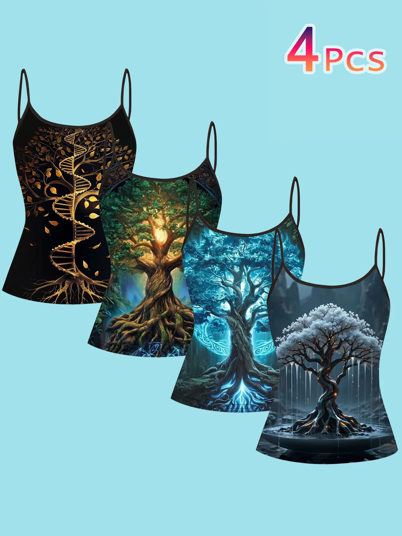 4-Piece Set of Women's Spaghetti Strap Camisoles with Magical Tree of Life Gold Dna Ancient Tree Luminous Spirit Tree Print Slim Fit Sleeveless Tops