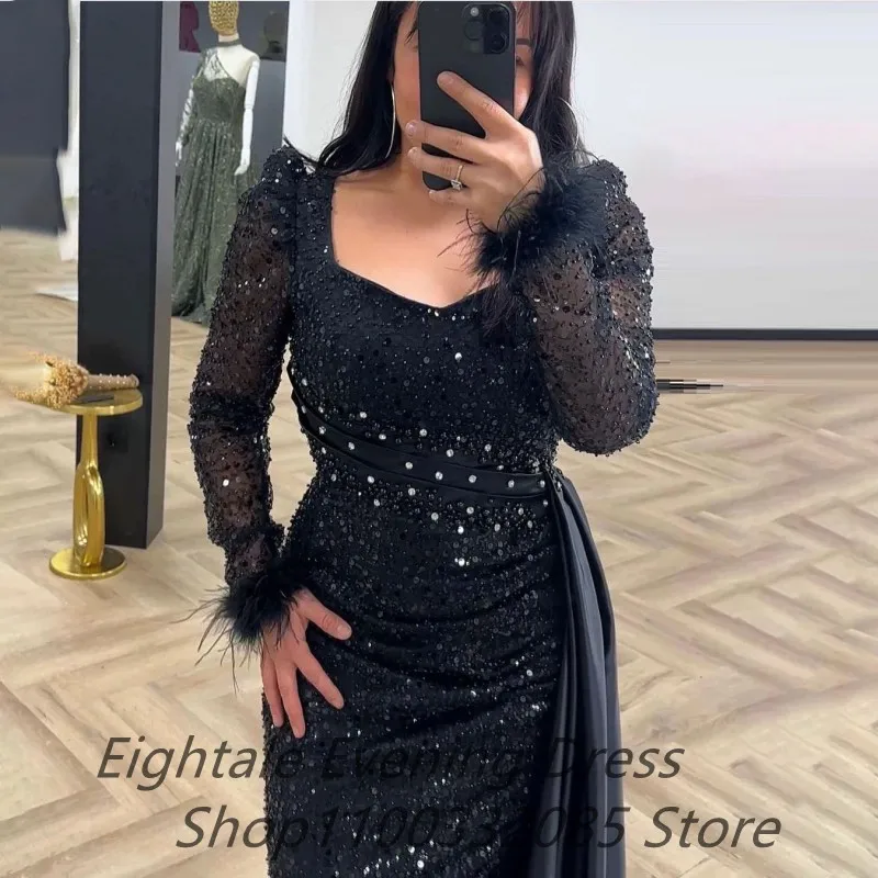 Eightale Black Prom Dress Mermaid Long Sleeve Sequins Evening Dress Abiye Formal Party Gown Vestidos de gala Customized