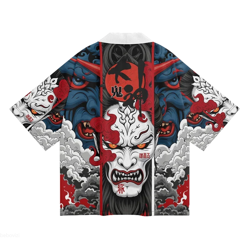 موضة هاراجوكو شيطان طباعة المرأة يوكاتا Ukiyo-e سترة غير رسمية كيمونو 2025 الصيف قميص الشاطئ ملابس هاوري اليابانية