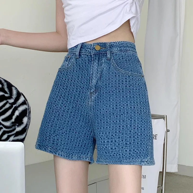 Summer Women Shorts Retro Style Ins Loose Embroidery Women\'s Denim High Waist Short Jeans Casual Bottoms Chic Solid Shorts