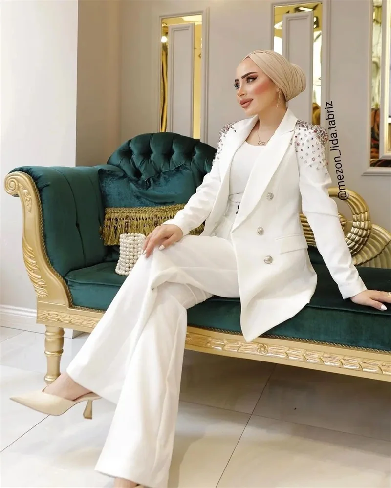 White Bridal Women Suit Set 2 Pcs Crystals Blazer+Pants Trousers Formal Office Lady Jacket Cotton Customized Wedding Party Coat