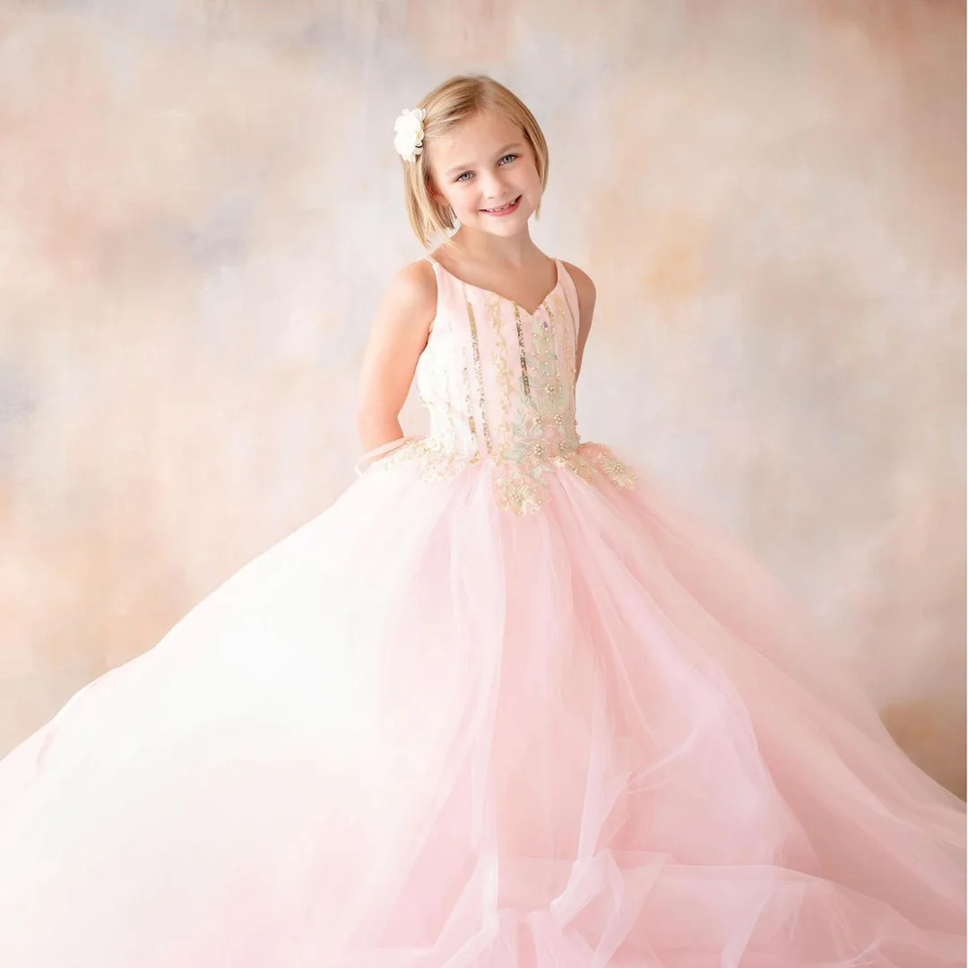 Spaghetti Strap Flower Girls Dresses Beads Sequins Girl Pageant Gowns Lace Appliques A Line Long Tulle Kids Birthday Party Dress