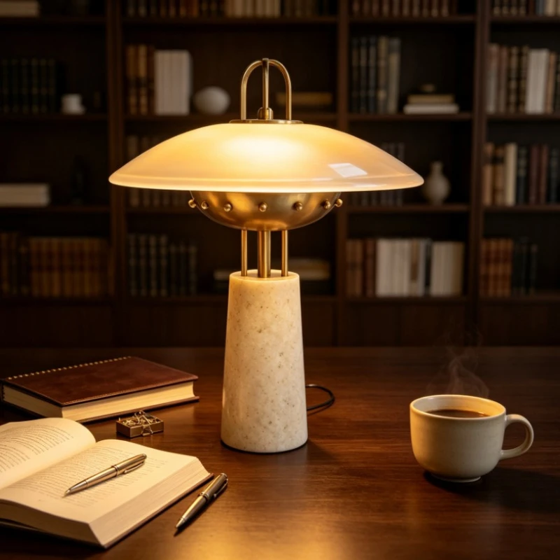 French retro cone travertine table lamp brass handle flying saucer soft light glass hotel bed and breakfast desktop atmosphere
