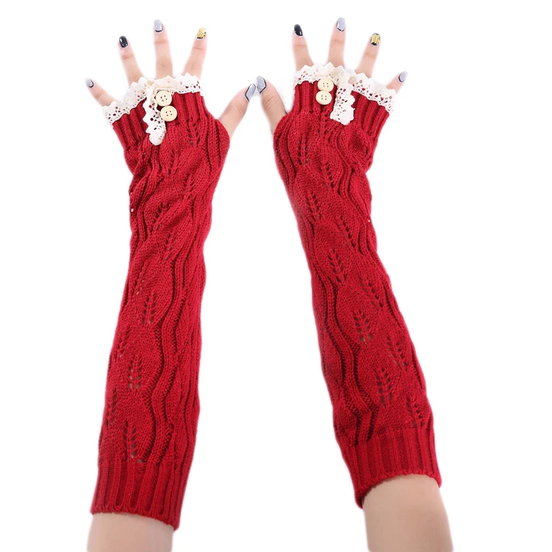 OVTRB Womens Girls Arm Warmer Winter Lace Applique Knit Long Arm Sleeves Mitten Leaves Crochet Fingerless Glove Wrist Warmer