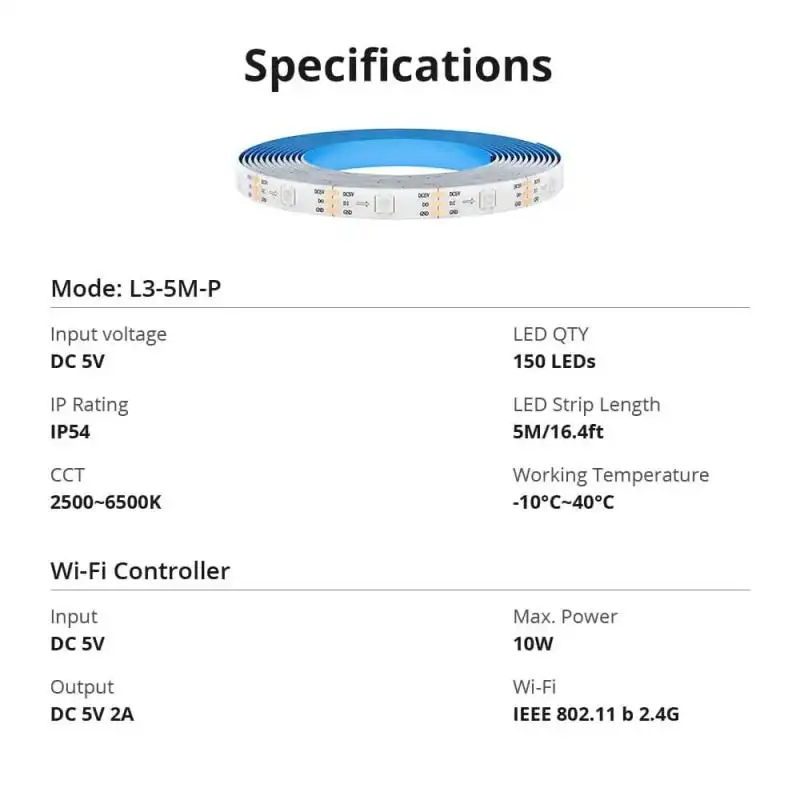 Sonoff-インテリジェントLEDストリップライト,ワイヤレスリモコン,音声およびローカル制御,タイプC,5V DCアダプター,wi-fi,l3 pro,5m, 16.4フィート